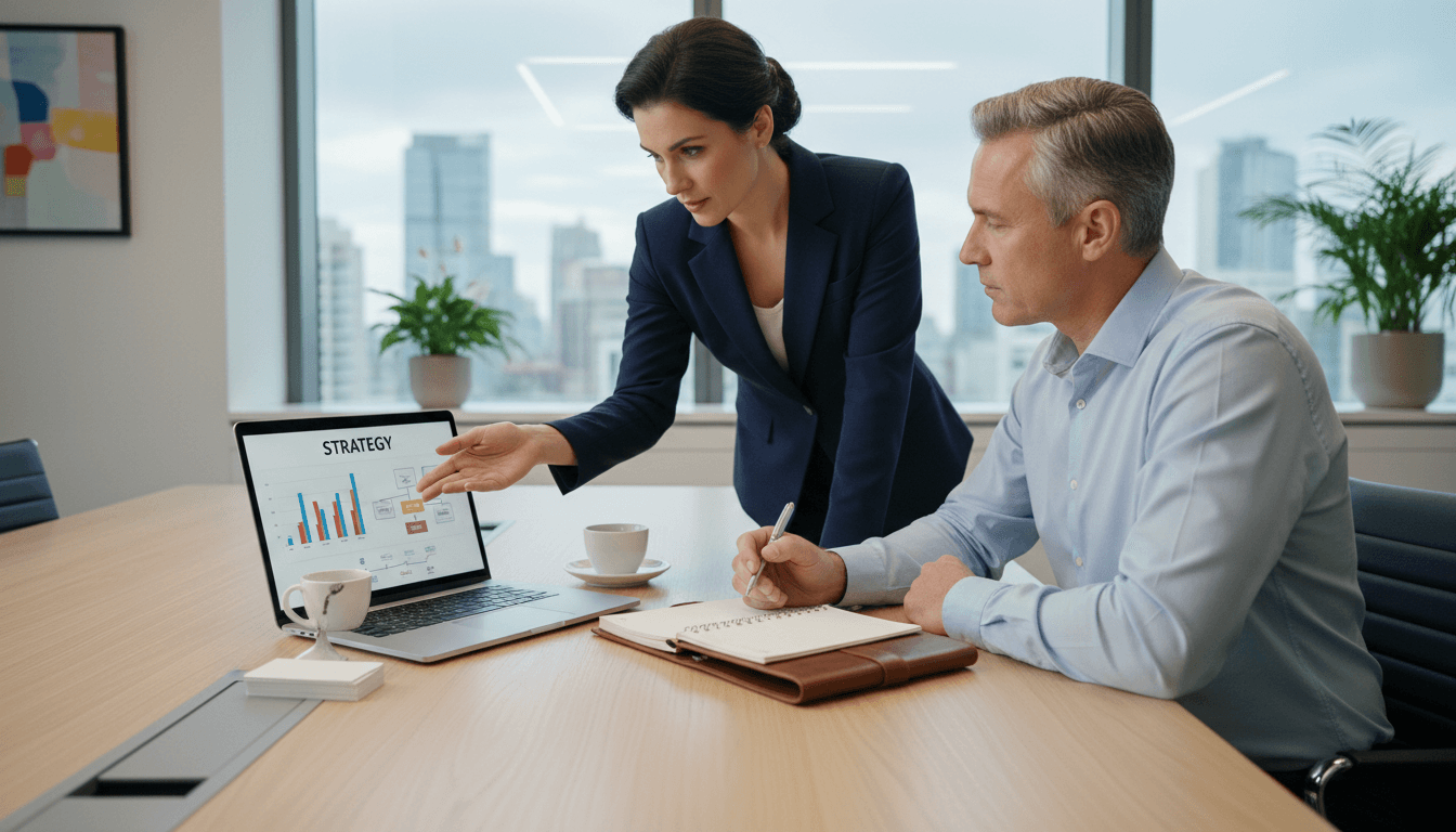 Two professionals in discussion at a modern office desk reviewing business strategy and documents