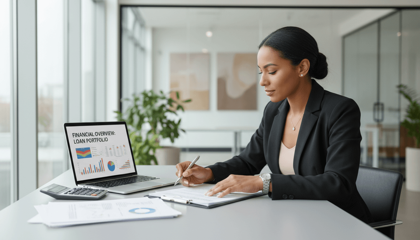 Professional consultant reviewing business documents at desk
