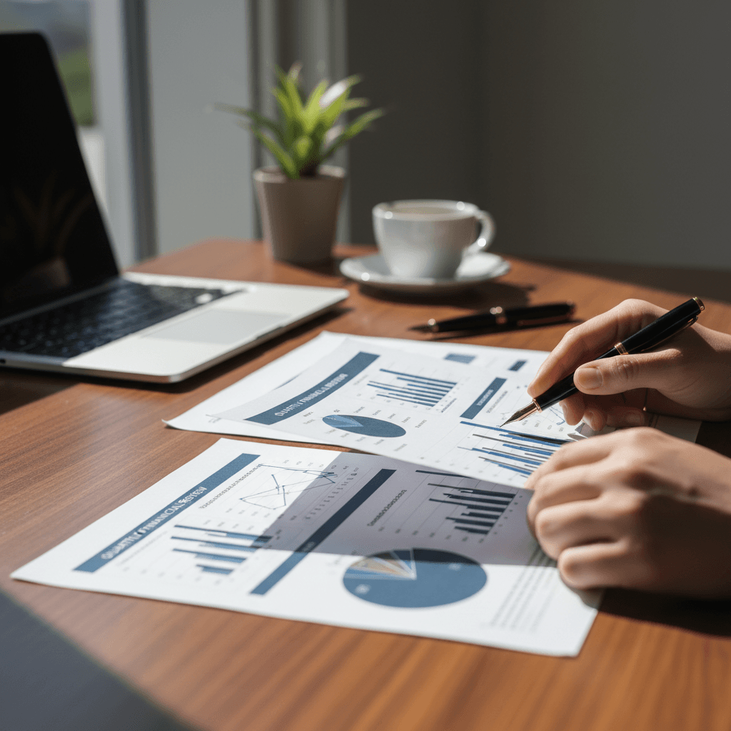 Business consultant reviewing financial documents at desk
